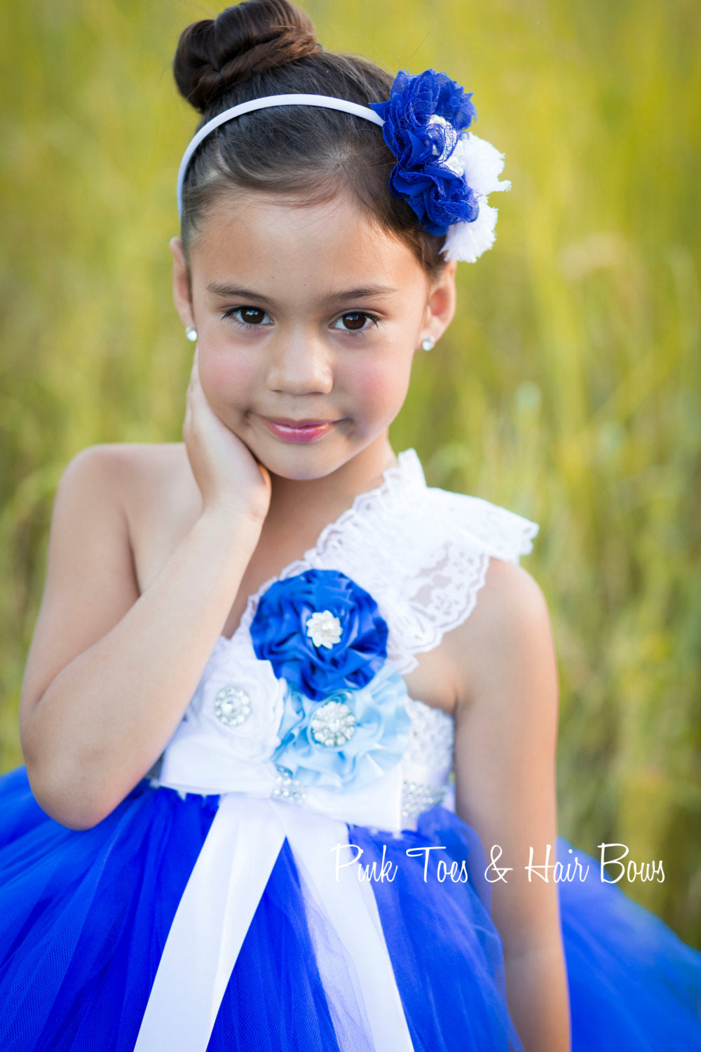 white and blue flower girl dress