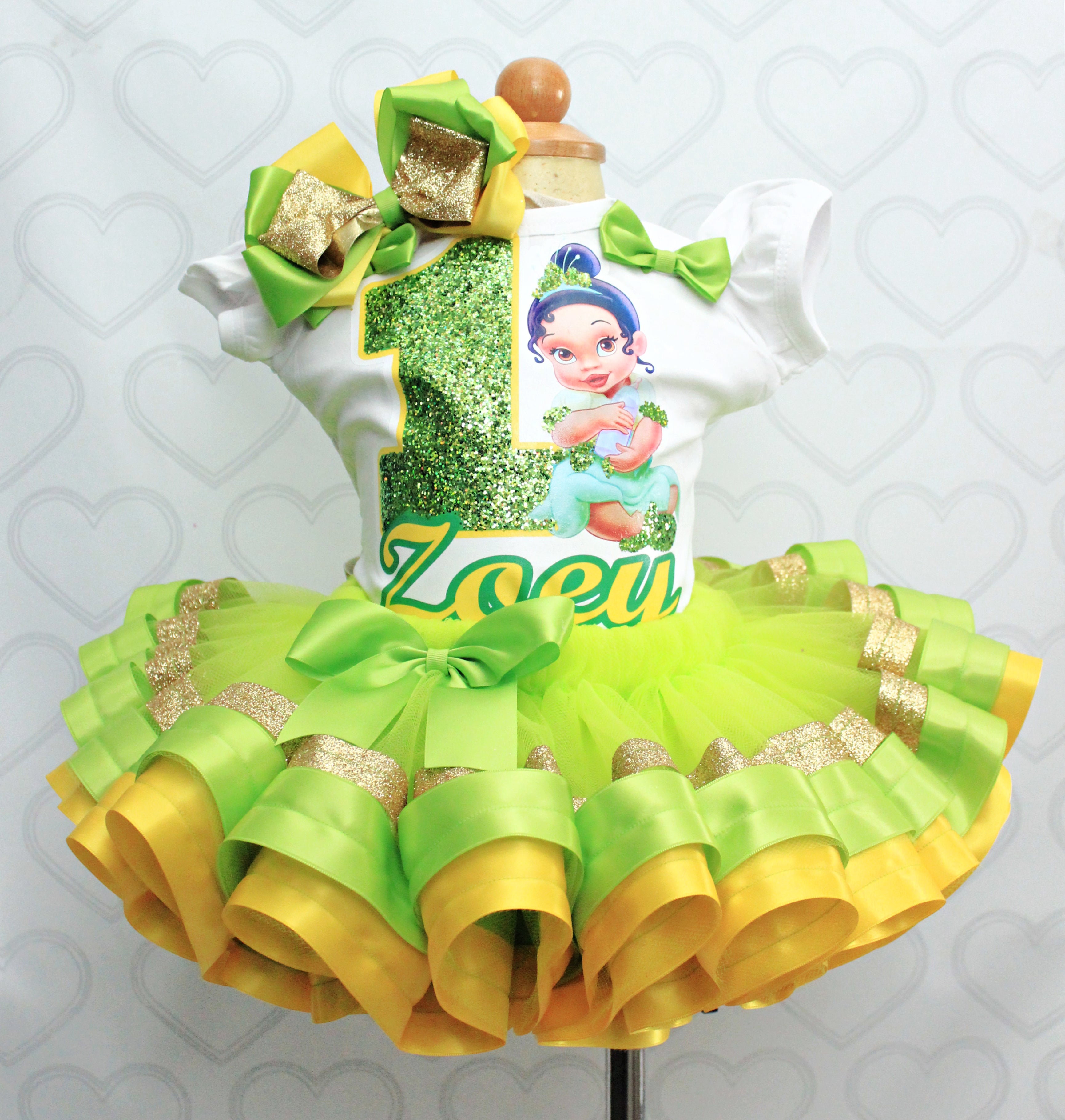 Princess Tiana tutu set- Princess Tiana outfit-Princess Tiana birthday –  Pink Toes & Hair Bows