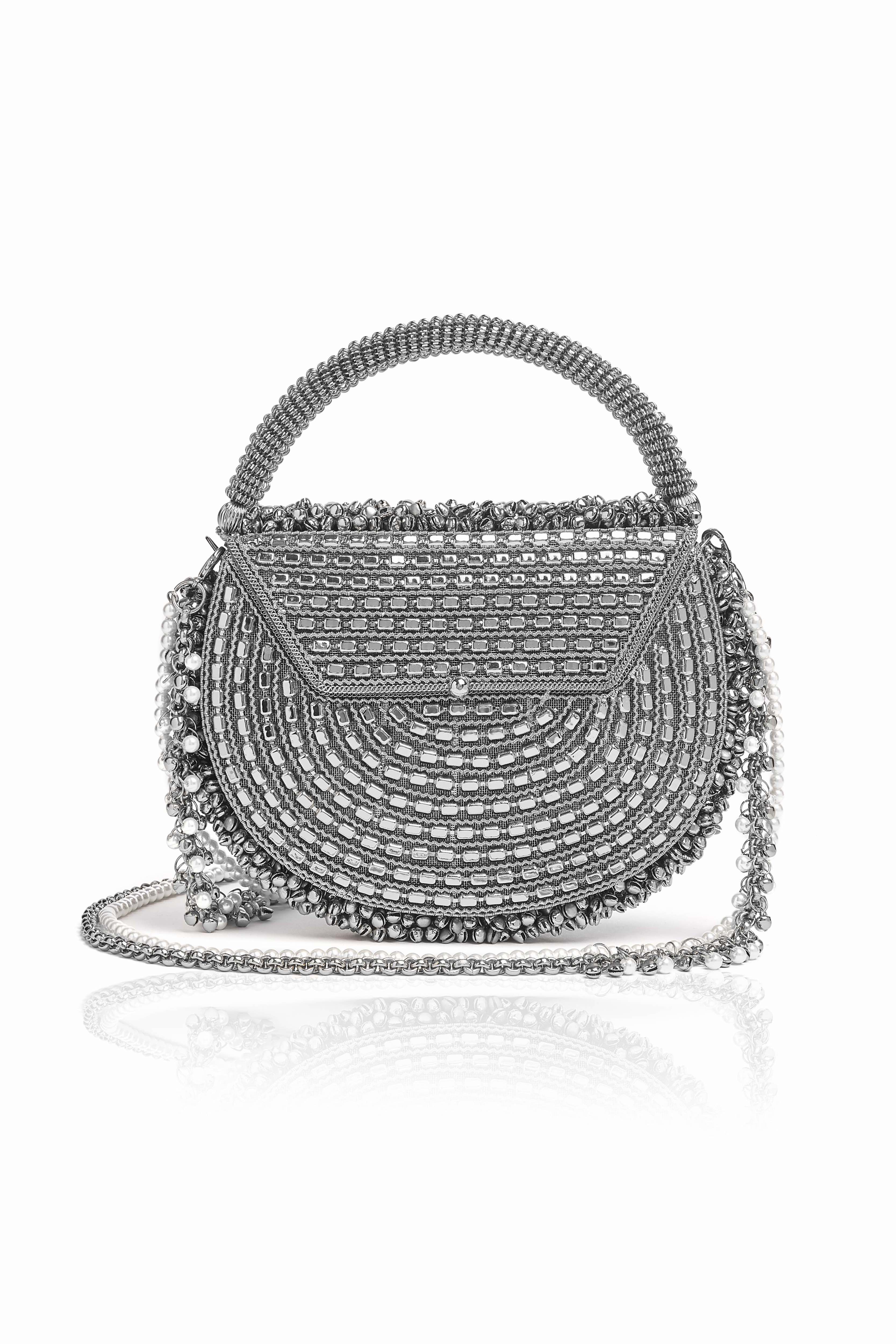 silver clutch bag with strap