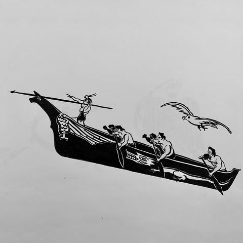 George Clutesi, Whaling Canoe, n.d. Pen and ink on paper.