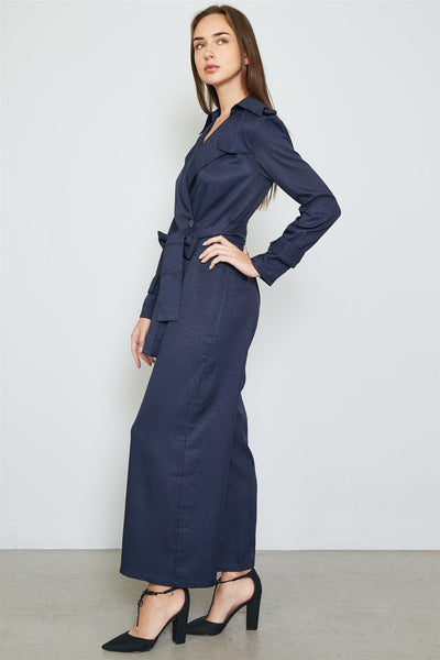 Ladies fashion long sleeve wide leg belted jumpsuit