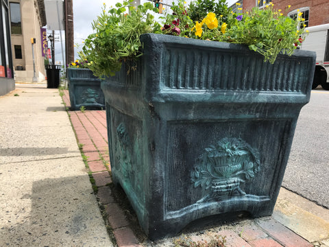 Painted cement planters, faux verdigris look