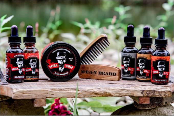 Array of Mean Beard Products including Mean Beard Whip, Beard Oil, and a Beard Comb