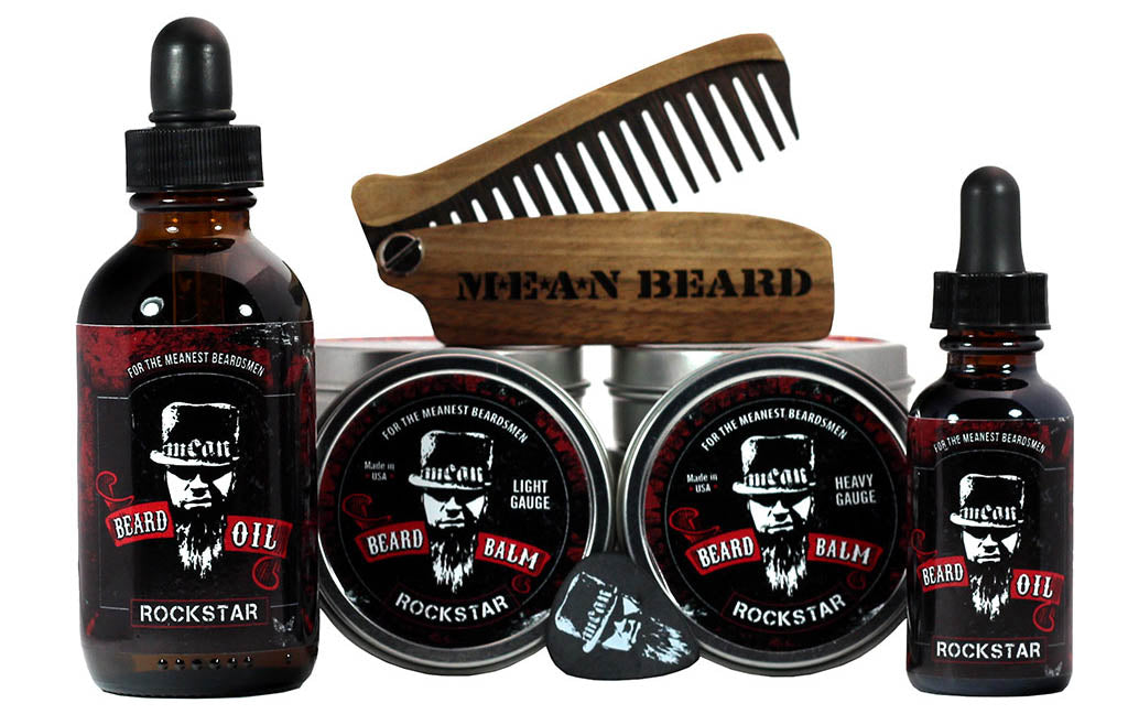 MEAN BEARD Rockstar Collection beard oil and beard balm.  Free MEAN BEARD guitar pick with balm.  This an exceptional beard care line and is the World’s MEANest beard oil & balm to help you grow a strong, full, healthy beard. Made in USA.  Best beard oil, best beard products, best beard company.