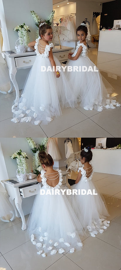 White Backless Applique Flower Girl Dresses, Tulle Lovely Little Girl ...