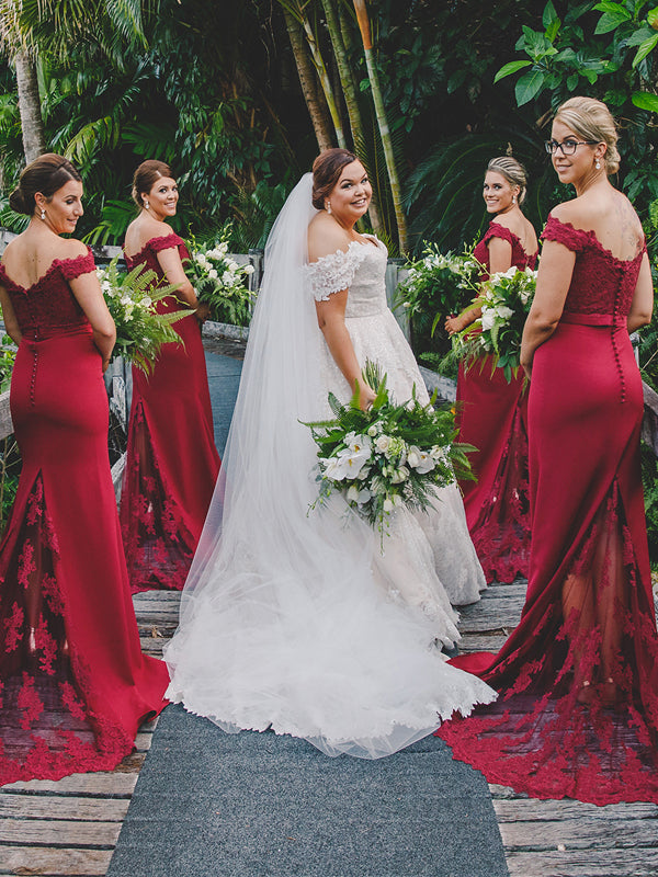 red off shoulder bridesmaid dress