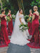 Newest Off Shoulder Lace Bridesmaid Dress, Red Backless Mermaid Sexy Bridesmaid Dress, D1385