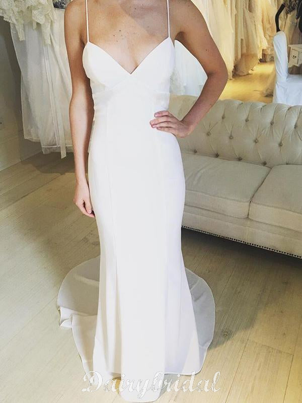 Charming Spaghetti Straps Backless Sheath V-Neck Satin Chiffon Wedding ...