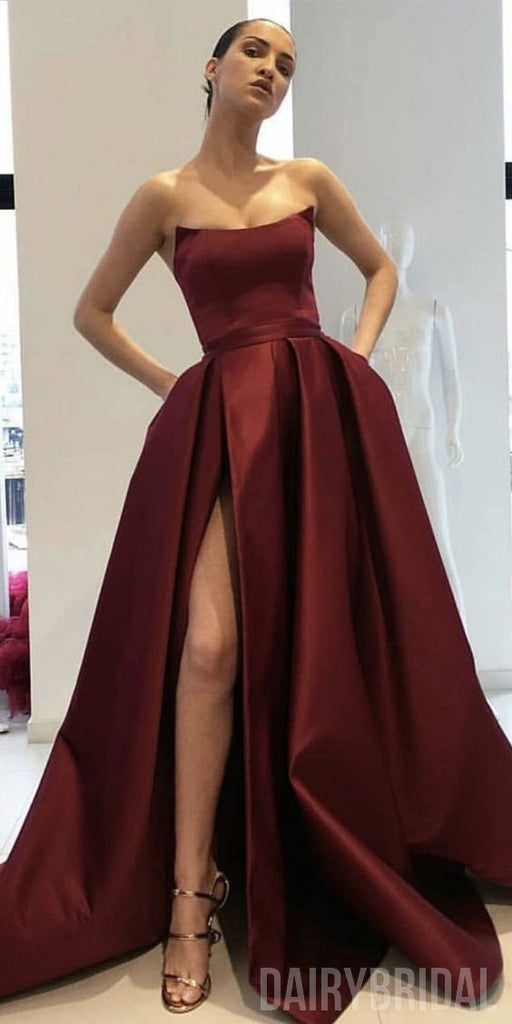 Gorgrous A-Line Satin Burgundy Slit Backless Simple Long Prom Dresses ...