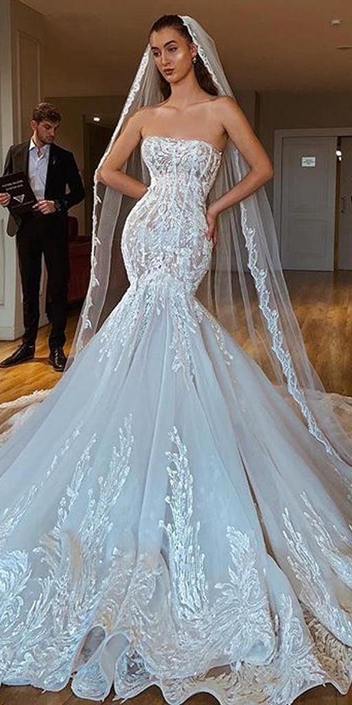 Luxury Lace Mermaid Backless Applique Straight Neckline Wedding Dresse ...