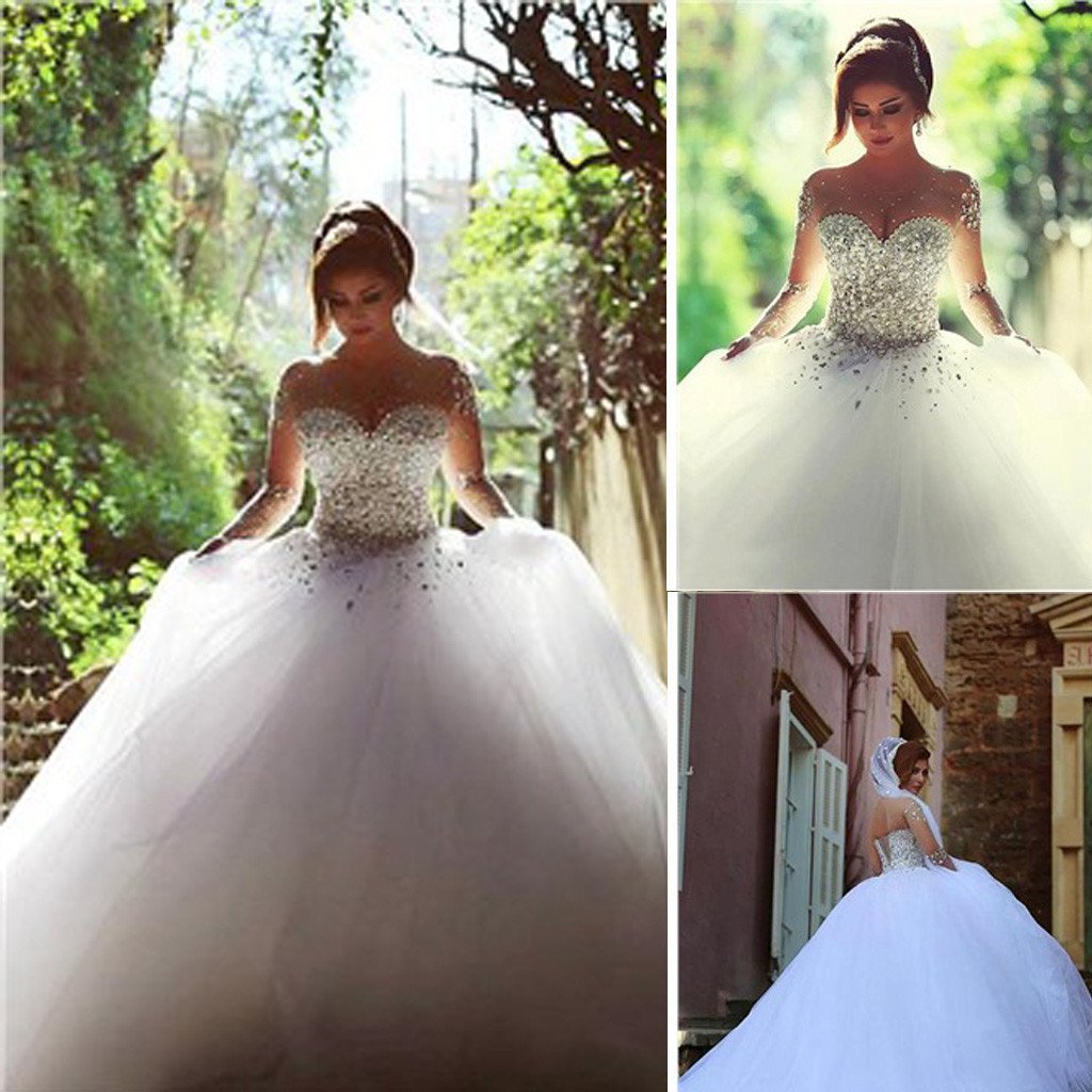 Gorgeous Illusion Long Sleeve Beaded Rhinestone Lace Up Ball Gown Wedd Dairy Bridal 