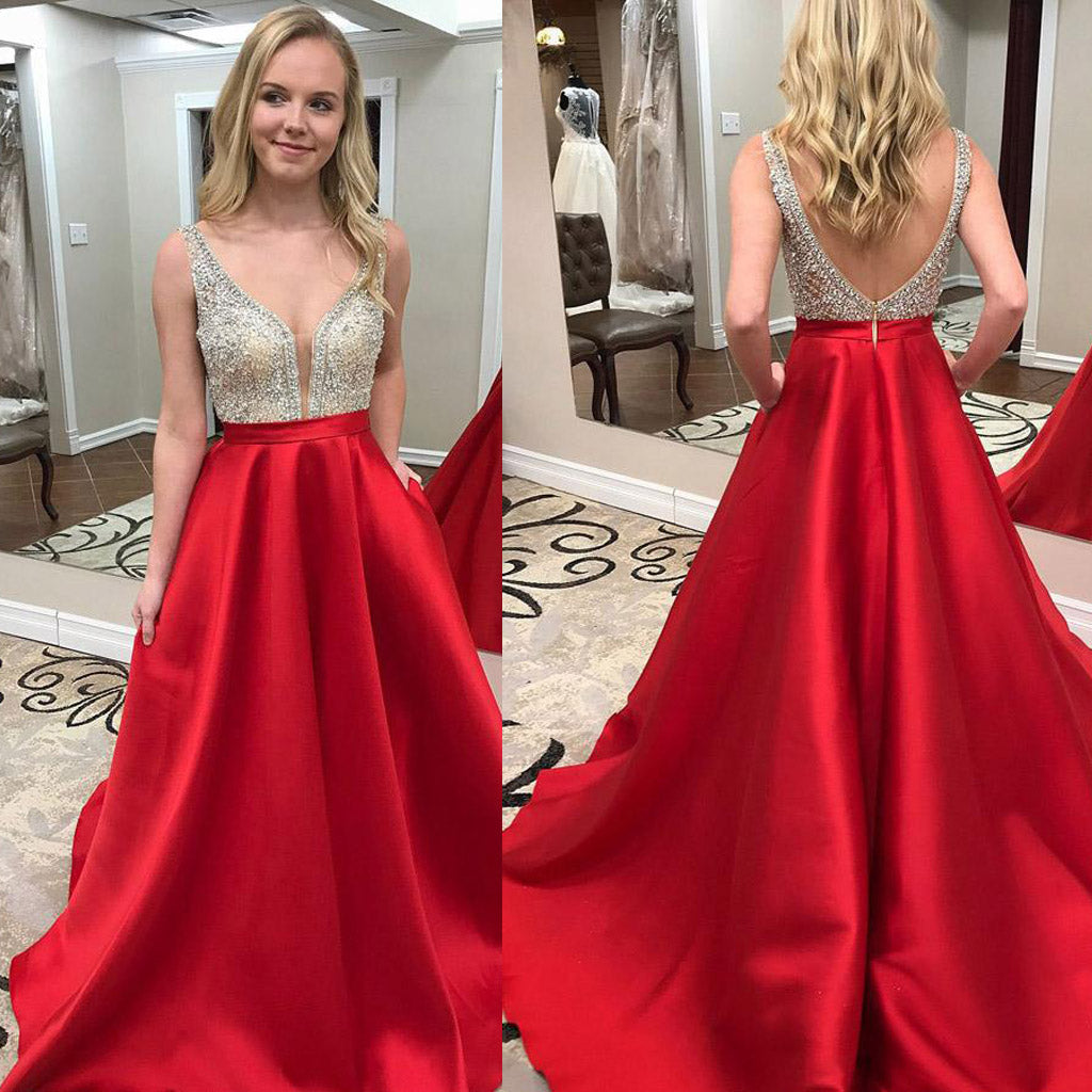 A-Line Satin Backless Prom Dress, Red Beaded Sleeveless Prom Dress, D2 ...