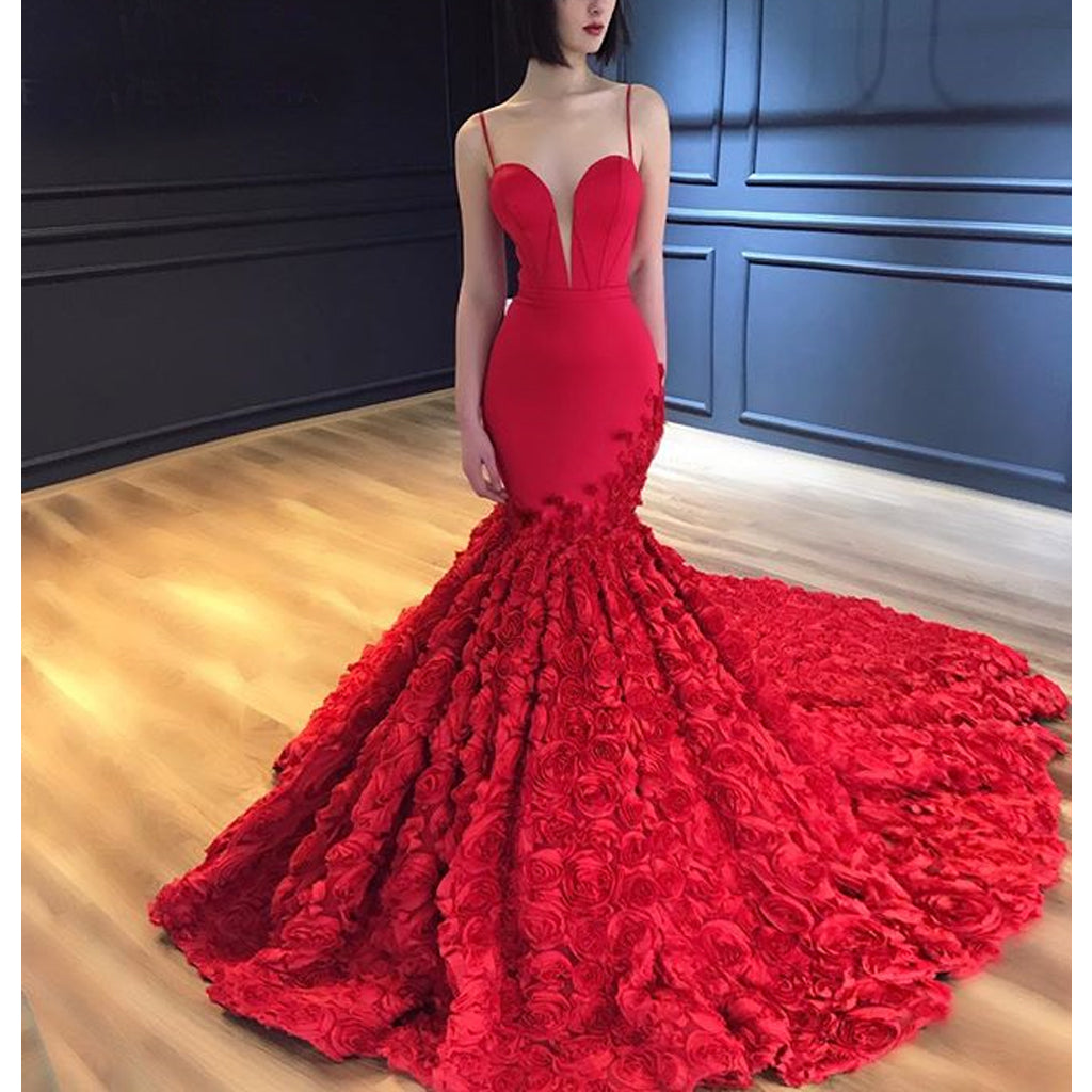 Spaghetti Straps Mermaid Luxury 3D Lace Backless Red Prom Dresses, FC2 ...