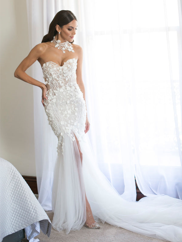 Sweetheart Mermaid Lace Backless Slit Tulle Wedding Dresses, FC2440 ...
