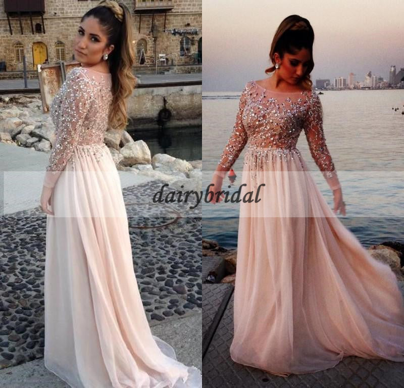 Sparkle Beaded Sequin Long Sleeve Prom Dress, Honest A-Line Tulle Prom ...