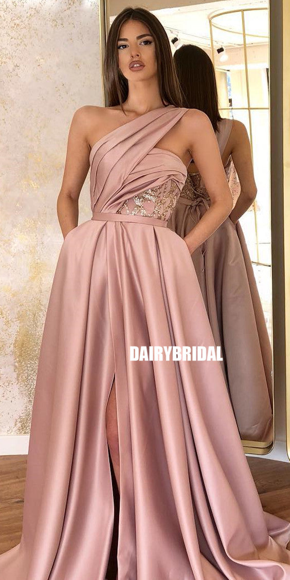 One Shoulder A-line Satin Backless Slit Prom Dress with Pockets, FC377 ...