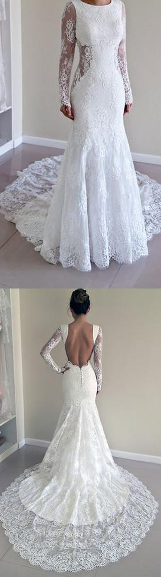 Sexy Full Sleeve Open Back Beautiful Affordable Lace Wedding Dresses w