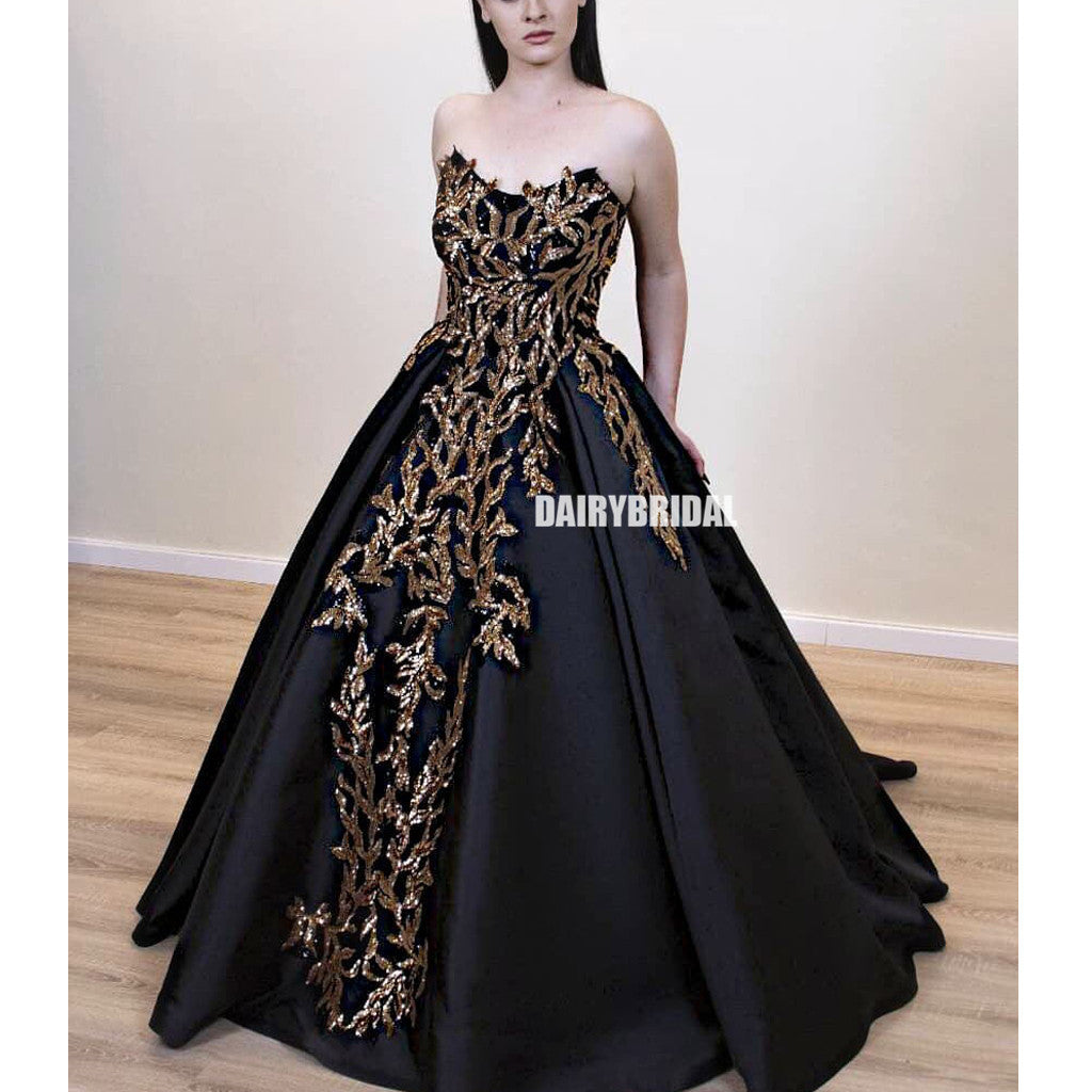 Black Satin A-line Backless Applique Charming Prom Dresses, FC4200 ...