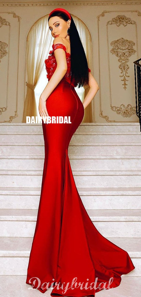 Off Shoulder Red Appliques Mermaid Backless Long Prom Dresses, FC4275 ...