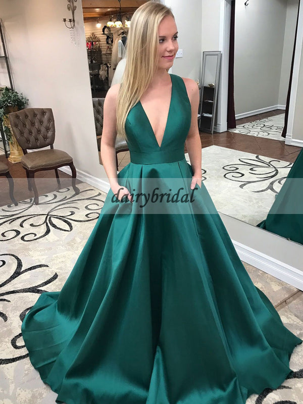 Deep V-Neck Satin Prom Dress with Bow-Knot, Charming Green Prom Dress ...