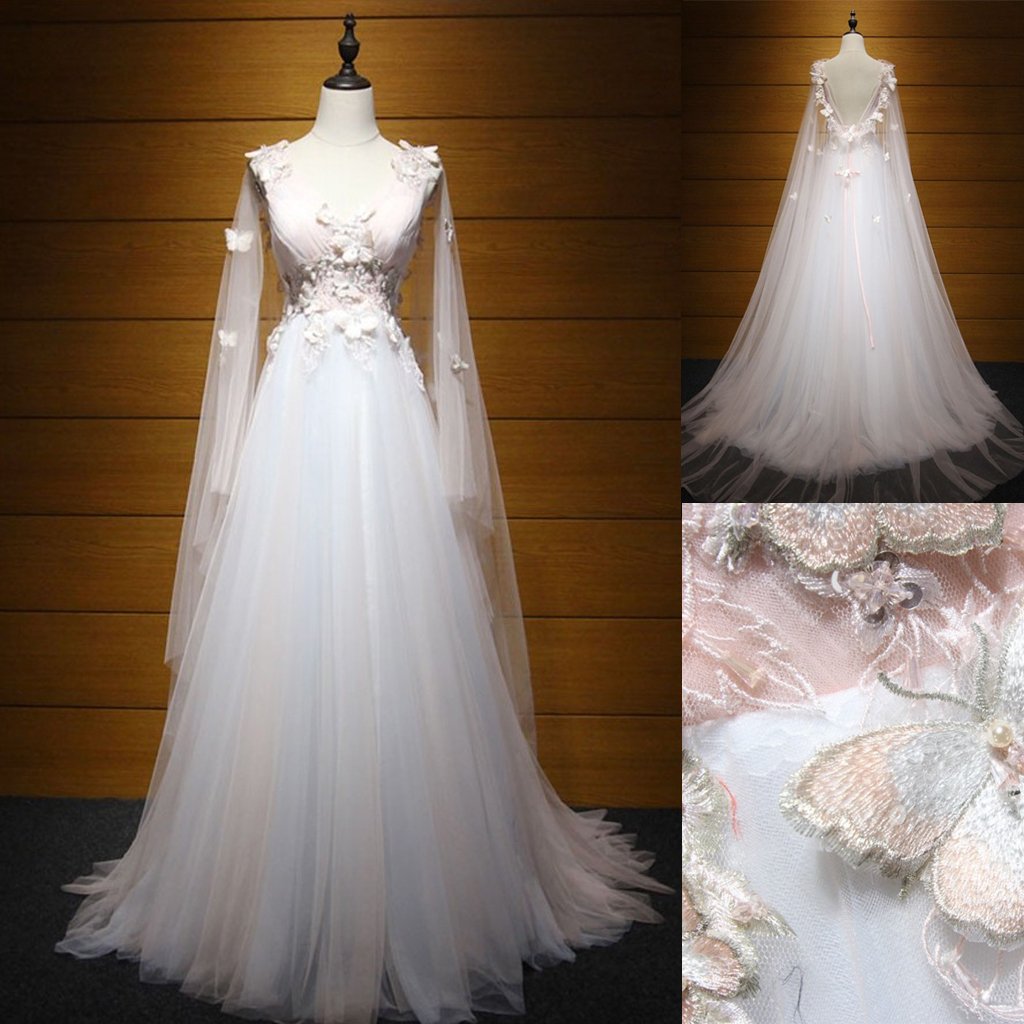 Long Wedding Dress, Tulle Wedding Dress, A-Line Bridal Dress, Sleevele ...