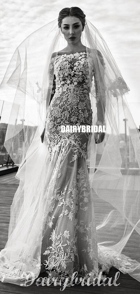 Stunning Mermaid Hoest Long Sleeves Floor-Length Lace Wedding Dress, F ...