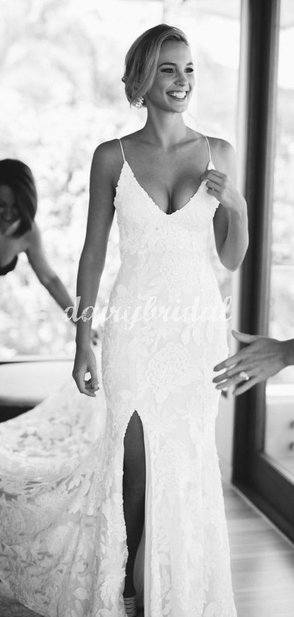 Popular Spaghetti Strpas Mermaid Lace Sexy Slit Backless Wedding Dress ...