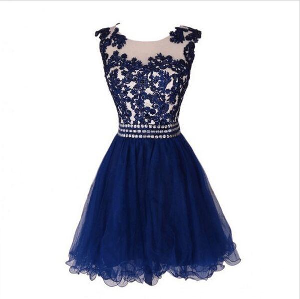 A-Line Sexy Navy Blue Homecoming Dresses,Sleeveless Applique Rhineston ...