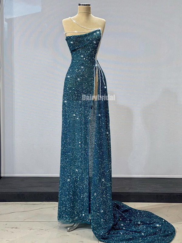 Stunning One Shoulder A Line Sequin Slit Sparkle Prom Dresses Fc6244 Dairy Bridal 