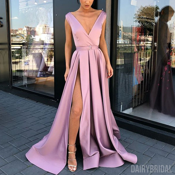 Sexy V-Neck A-Line Satin Slit Long Vintage Prom Dresses, FC1923 – Dairy ...