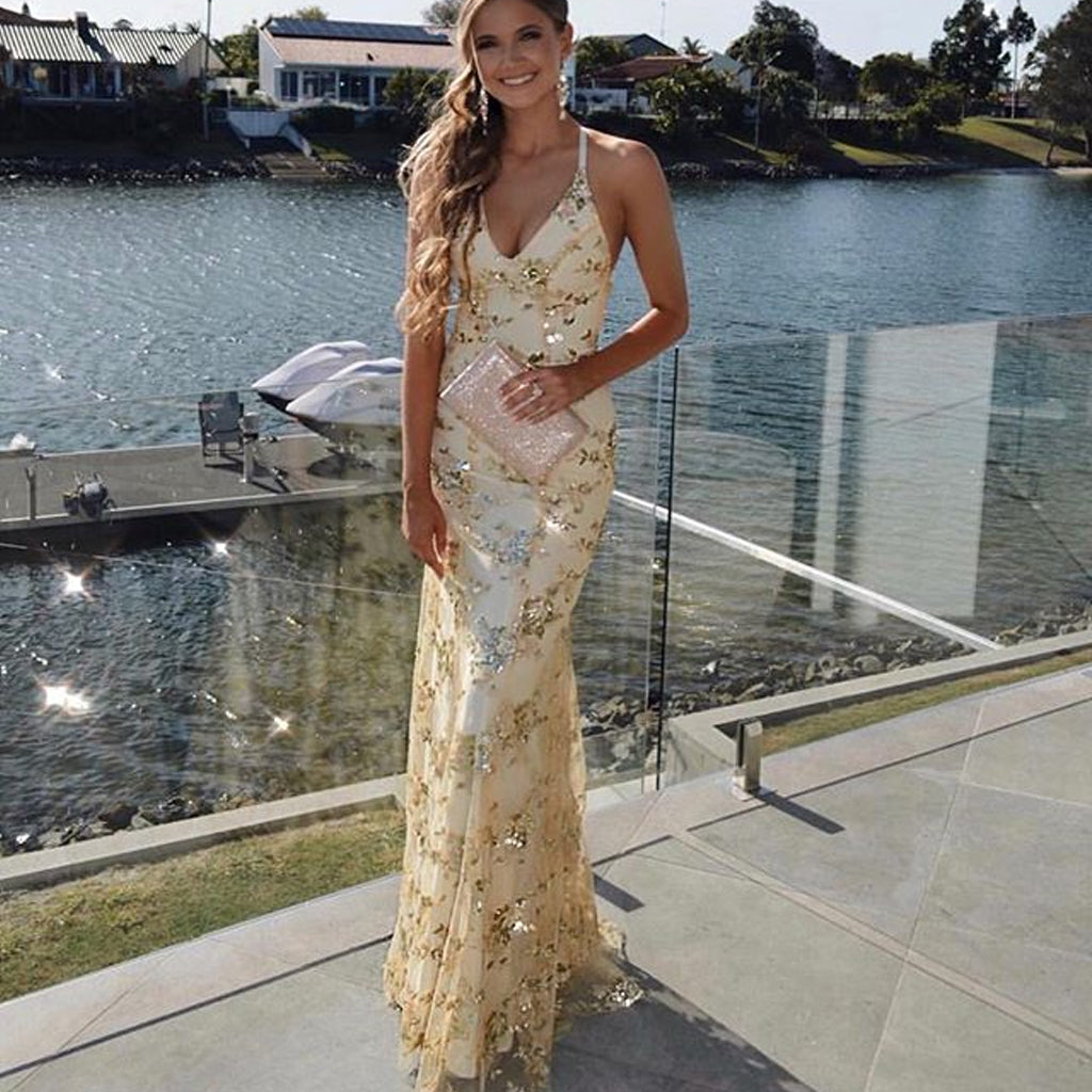 gold v neck prom dress