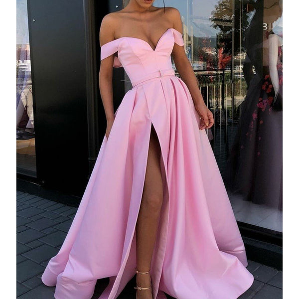 Charming Off Shoulder Backless Satin Long Slit Prom Dresses, FC2059 ...