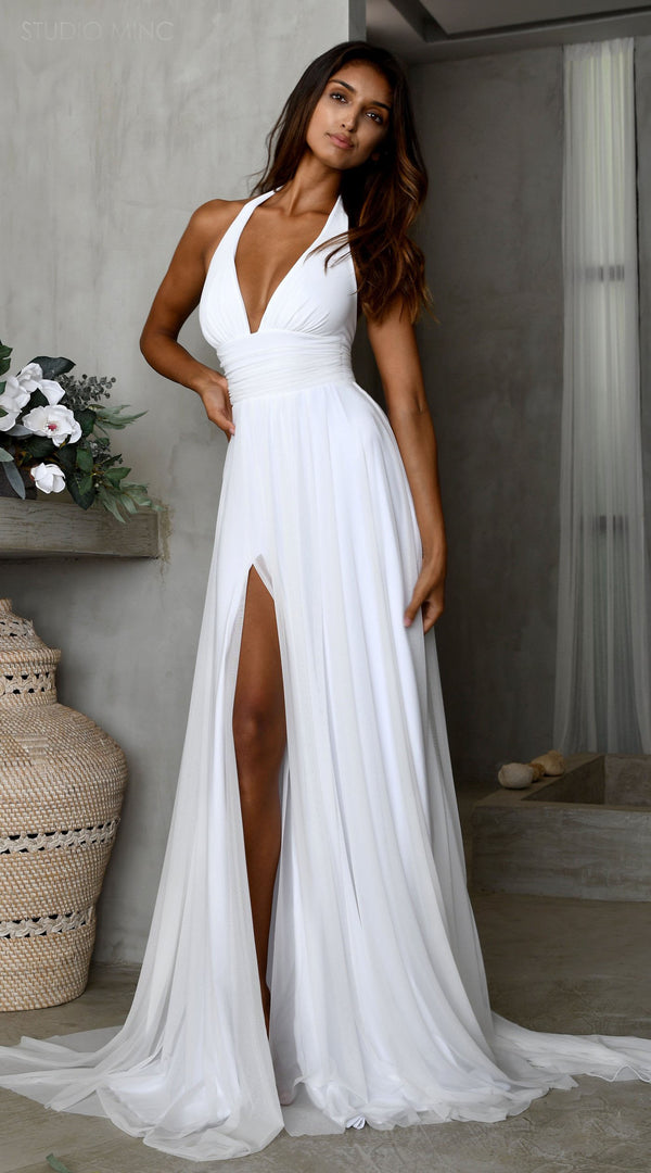 Simple A-line Chiffon Slit Deep V-neck Backless Wedding Dresses, FC255 ...