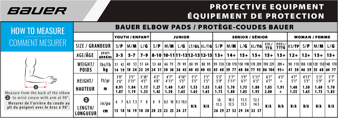 Bauer Hockey Elbow Pad Size Chart