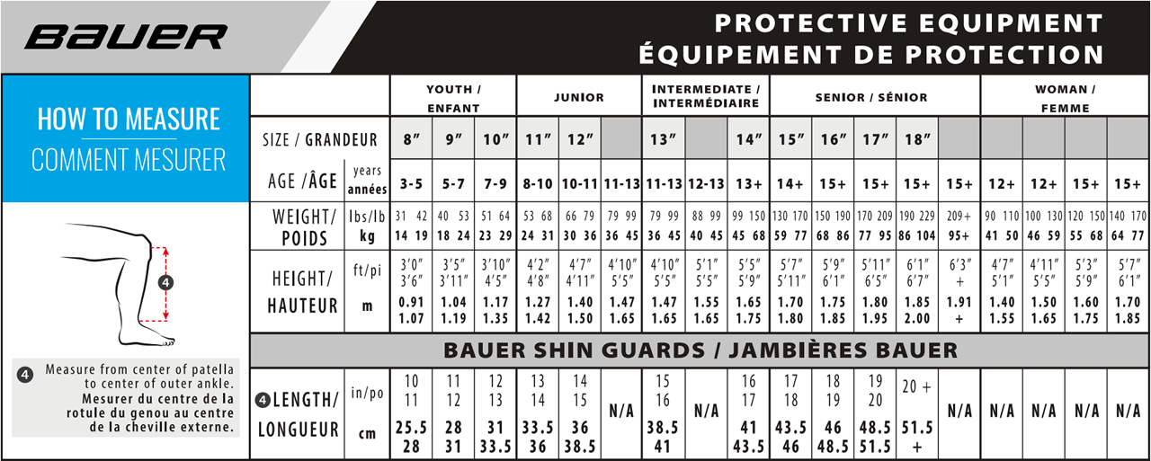 Bauer Hockey Shin Guard Size Chart