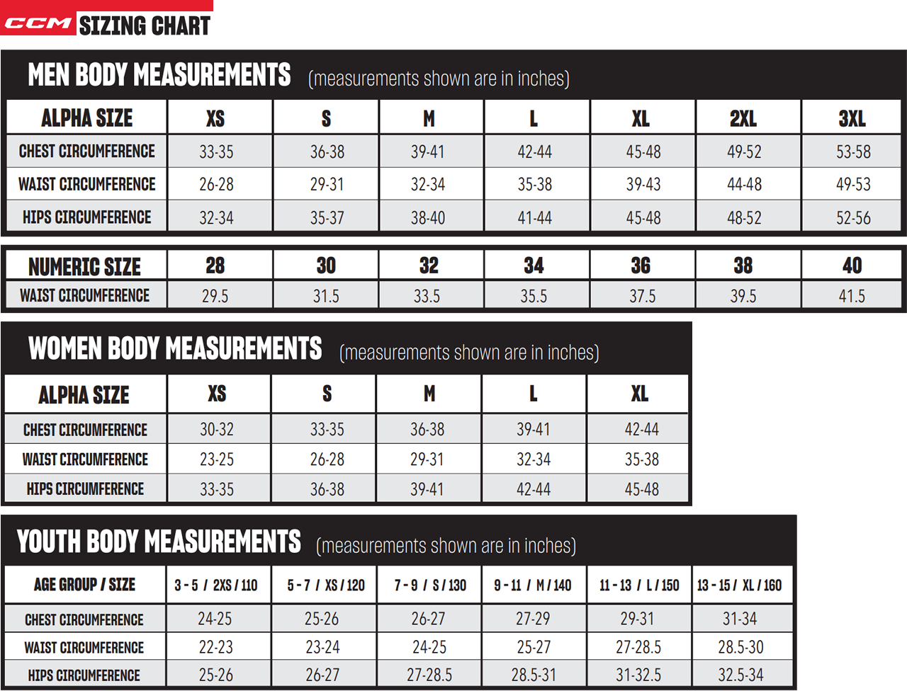 CCM Apparel Size Chart