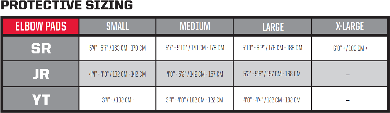 CCM Hockey Elbow Pads Size Chart