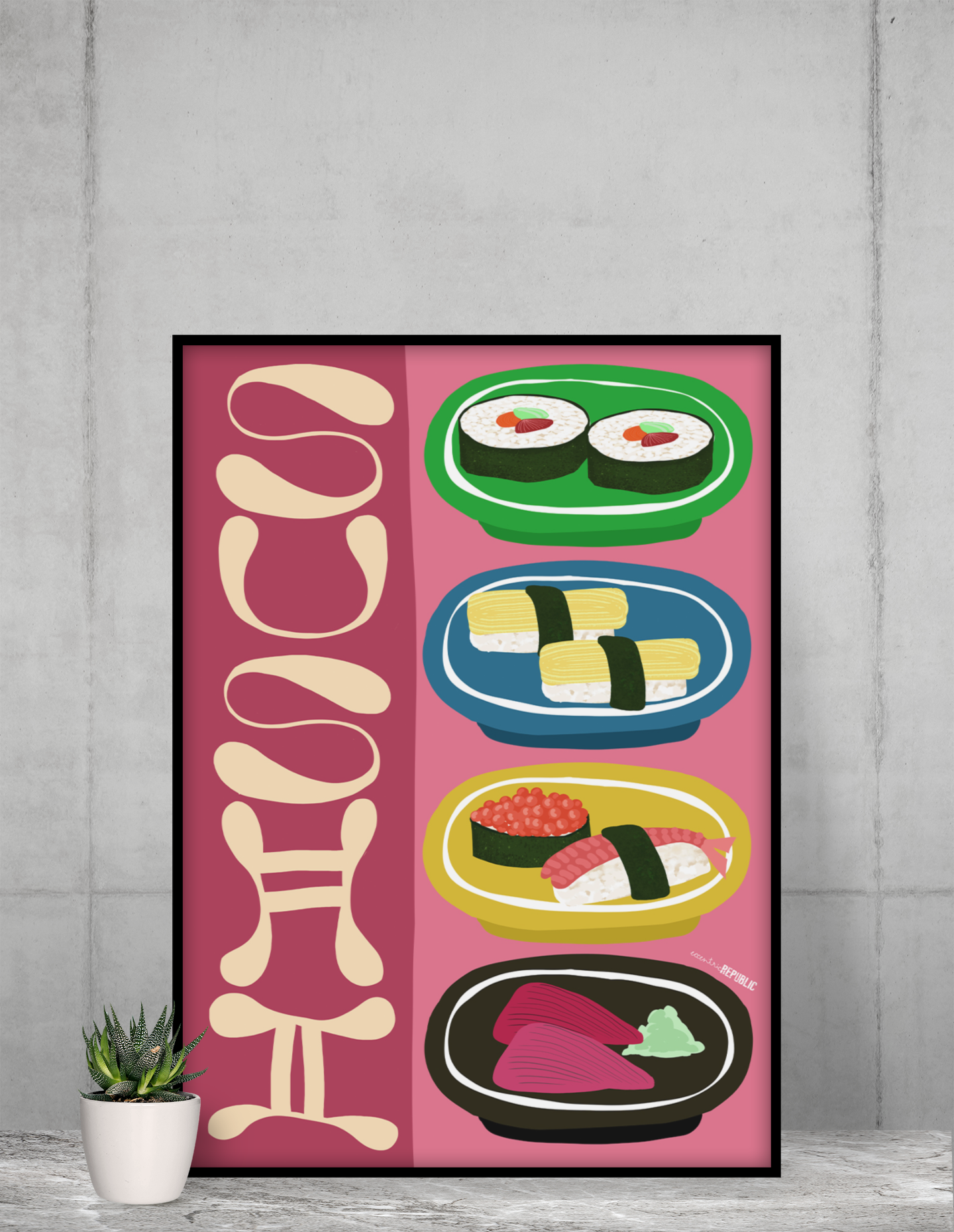 Sushi Train - A1 Art Print displayed in a frame not included