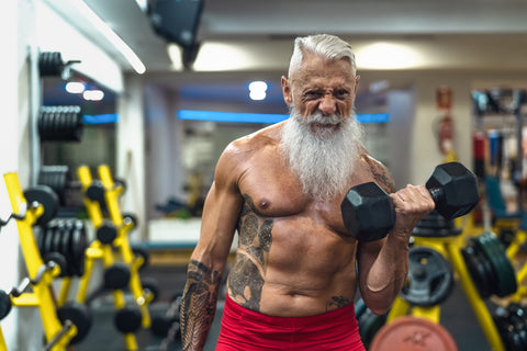 sexy older man doing a bicep curl