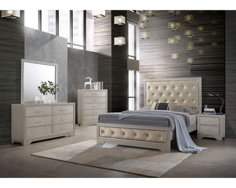 The Lyra bedroom collection is a modern style bed and includes nightstands, a dresser & mirror combination, and a chest of drawers. 