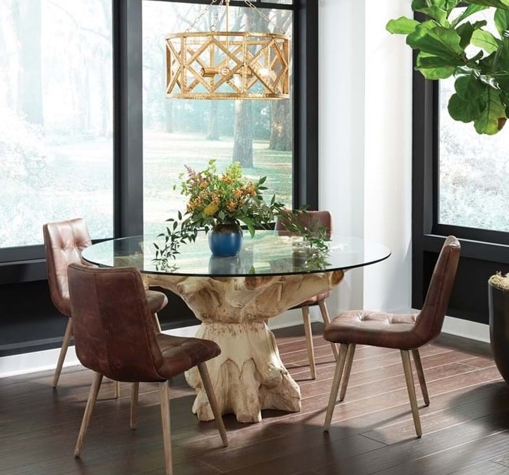 glass top and natural tree root round Dining Table 60" - Lifestyle Furniture