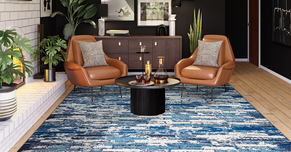 Contemporary Abstract Brick Nile Fargo Blue Wool Area Rug