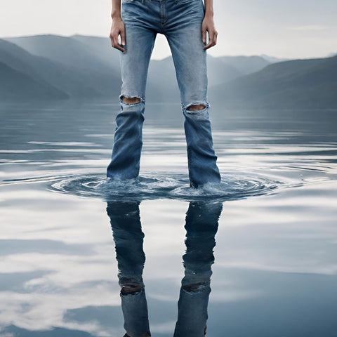 Person standing in a lake wearing jeans
