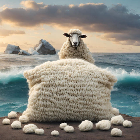 Sheep next to bag of wool in ocean