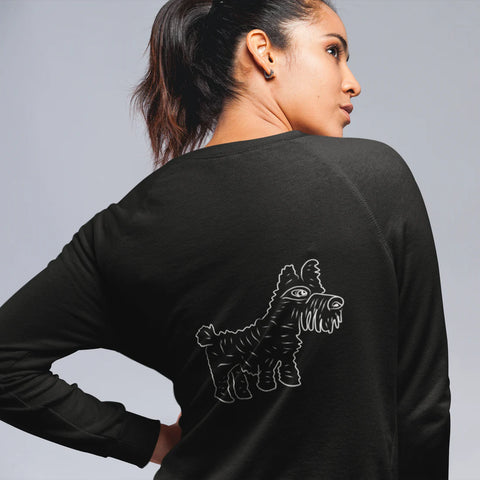 Lady wearing a Vegan Jumper with dog design