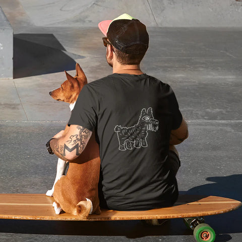 Man with organic cotton t shirt and his dog