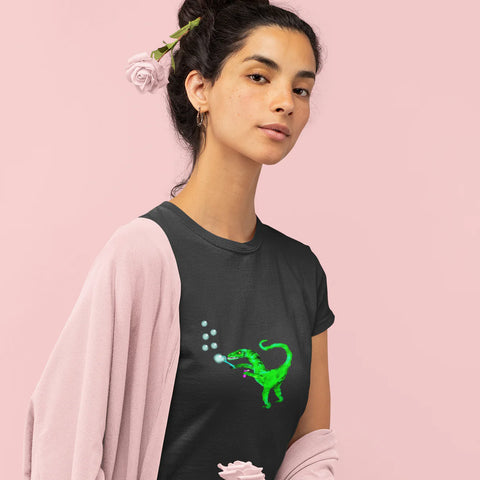 Woman wearing an organic cotton t shirt with a dinosaur on the front