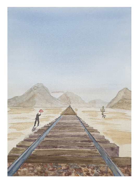 Commuter waits for a train in the desert, Original  surrealist Watercolour Wall Art