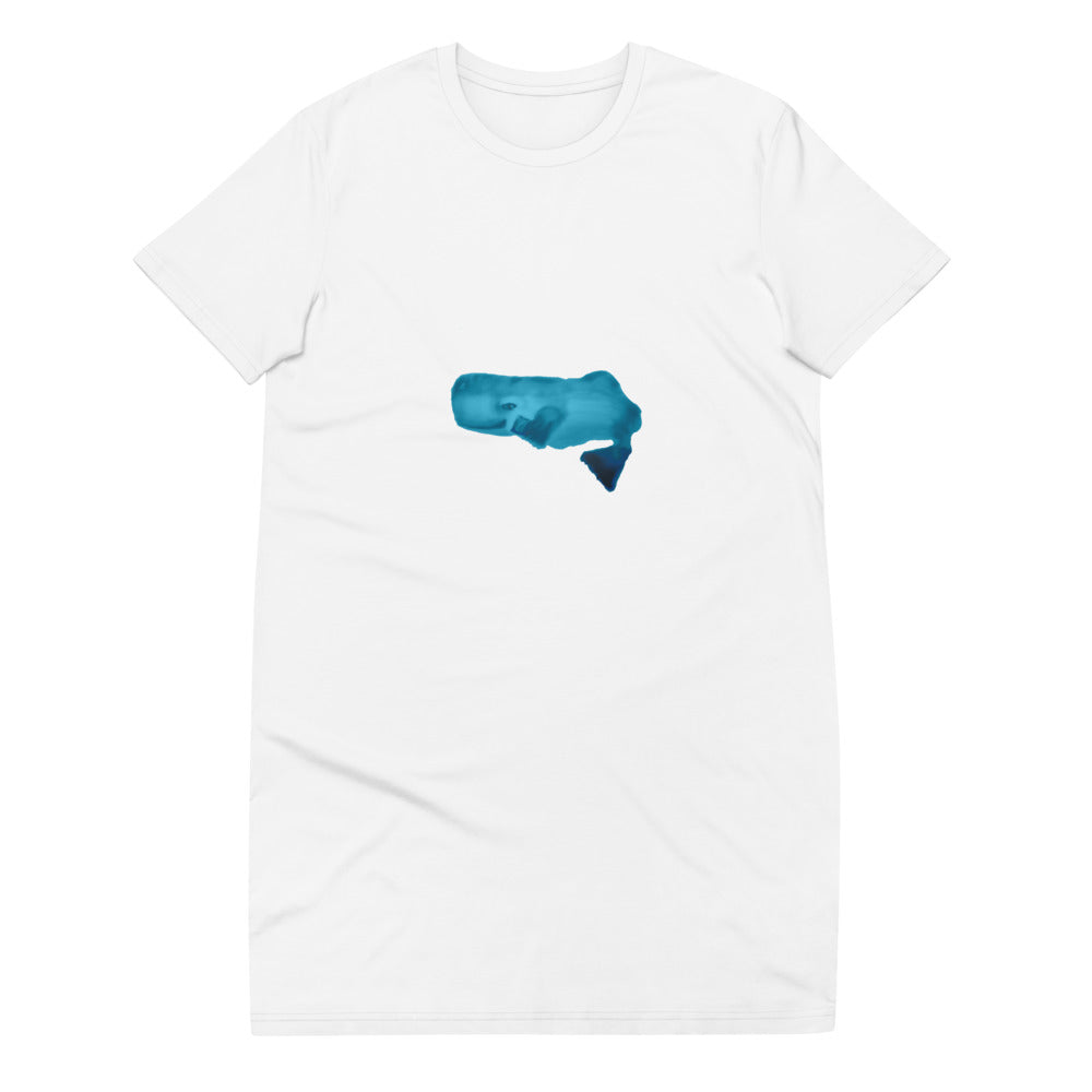 Whale on a mobile phone vegan organic cotton t-shirt dress in white