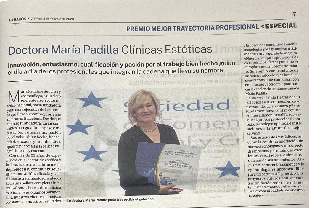 La Razón se hace eco del Premio Mejor Trayectoria Profesional otorgado a Maria Padilla